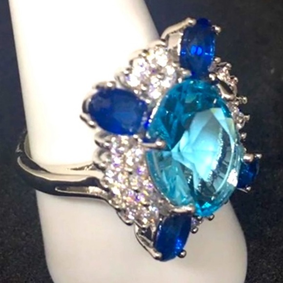 Art Deco W/Oval Cut 11.87CT Aquamarine W/Blue Sapphire & White Cluster Ring - Picture 2 of 6
